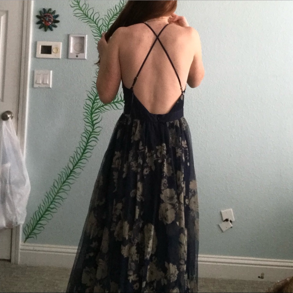Luxxel Navy Blue w/ Tan Floral Prom Dress